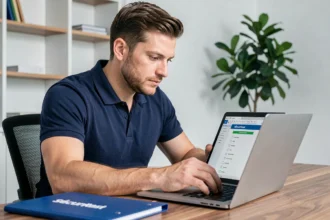 Nouvel affilié Sécuritest consultant son espace en ligne lors de son onboarding dans un bureau moderne