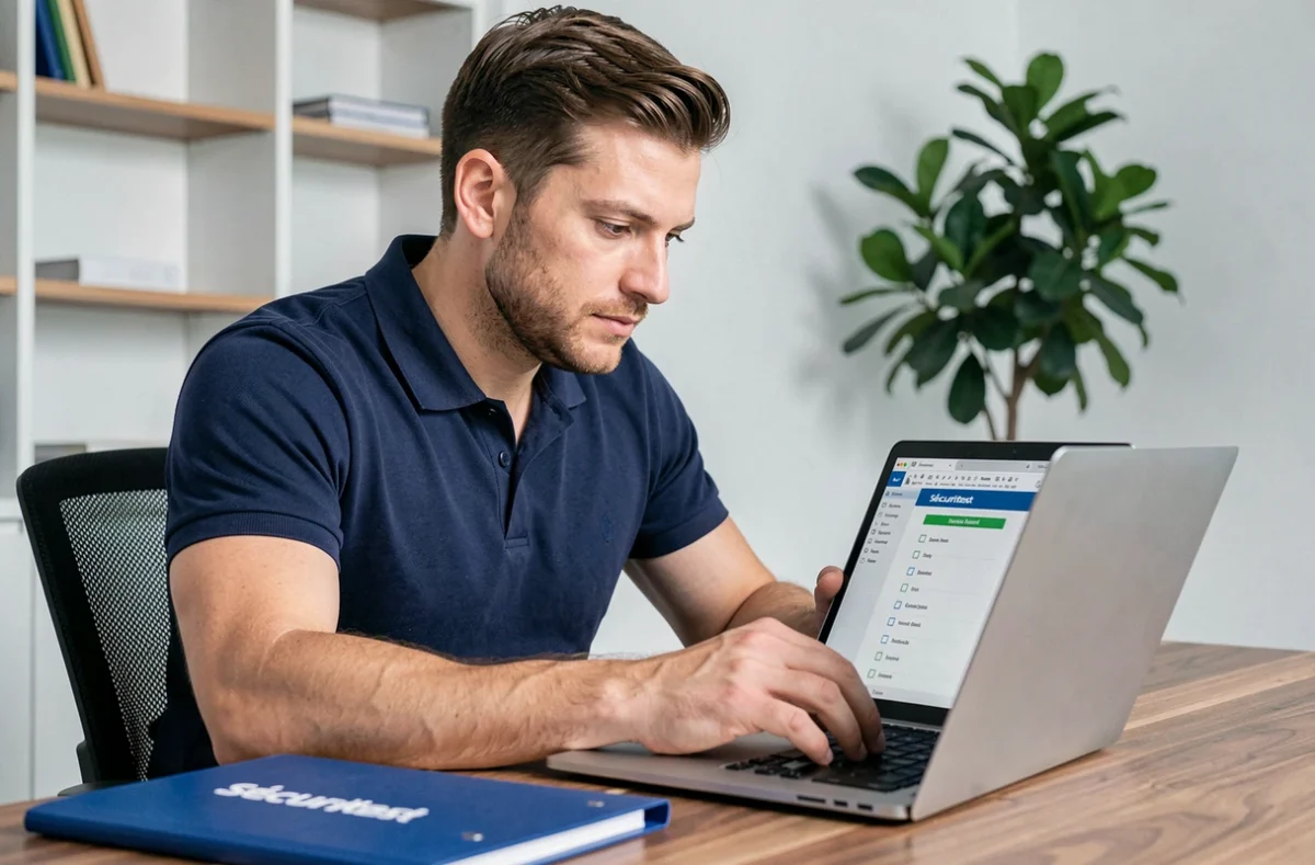 Nouvel affilié Sécuritest consultant son espace en ligne lors de son onboarding dans un bureau moderne
