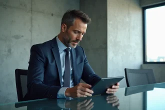 Homme d'affaires en costume bleu analysant des données sur tablette