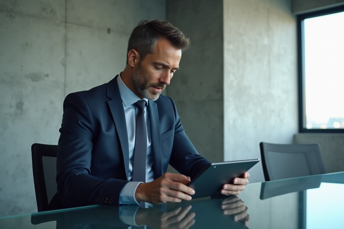 Homme d'affaires en costume bleu analysant des données sur tablette
