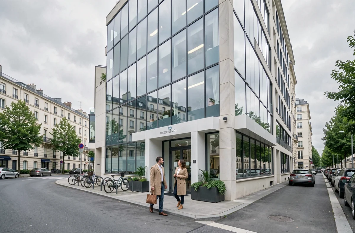 Façade extérieure d'un espace de coworking moderne dans un quartier d'affaires de Rueil-Malmaison