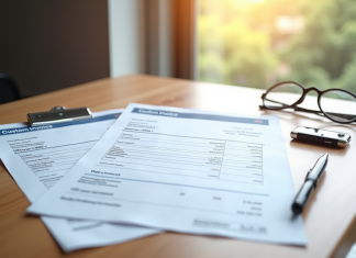 Facture douanière : pourquoi avoir trois exemplaires est-il nécessaire ? Trois factures de douane alignées sur un bureau en bois avec stylo et lunettes