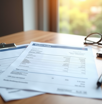 Trois factures de douane alignées sur un bureau en bois avec stylo et lunettes