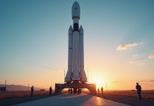 Faucon 9 de SpaceX sur la rampe au lever du soleil avec équipe