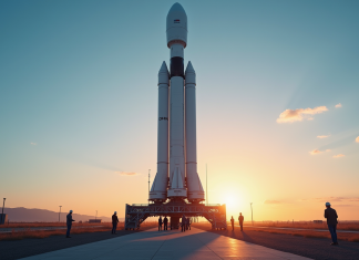 Faucon 9 de SpaceX sur la rampe au lever du soleil avec équipe