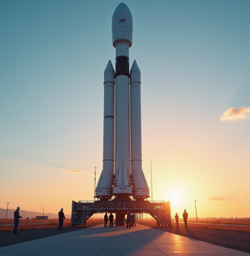 Faucon 9 de SpaceX sur la rampe au lever du soleil avec équipe