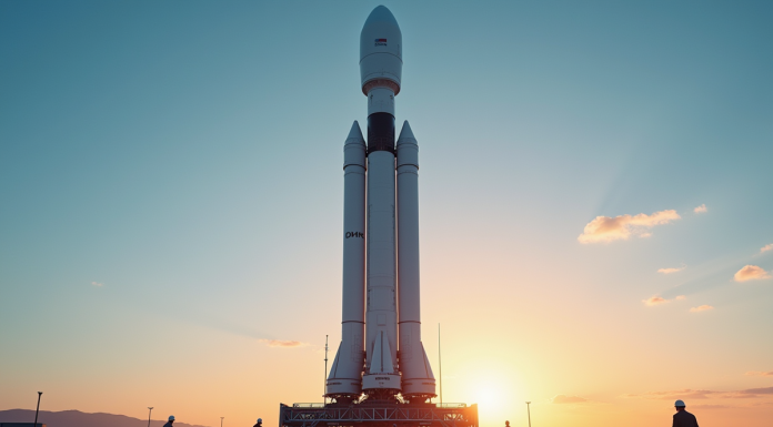 Faucon 9 de SpaceX sur la rampe au lever du soleil avec équipe