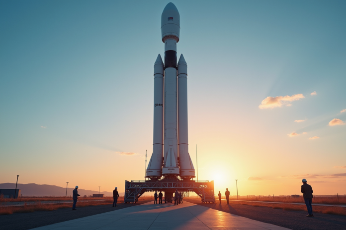 Faucon 9 de SpaceX sur la rampe au lever du soleil avec équipe