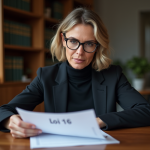 Femme d'affaires en costume lisant un document Loi 16