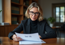 Femme d'affaires en costume lisant un document Loi 16
