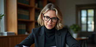 Femme d'affaires en costume lisant un document Loi 16