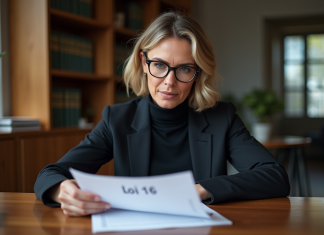 Femme d'affaires en costume lisant un document Loi 16