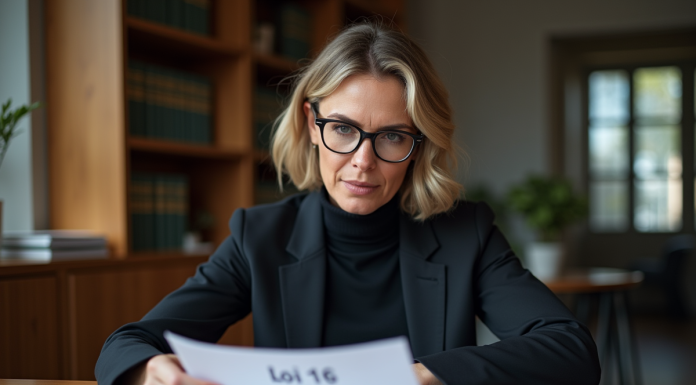 Femme d'affaires en costume lisant un document Loi 16