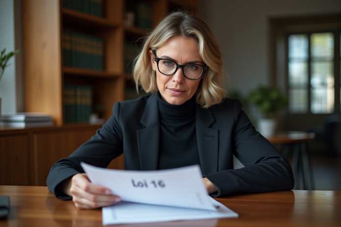 Femme d'affaires en costume lisant un document Loi 16