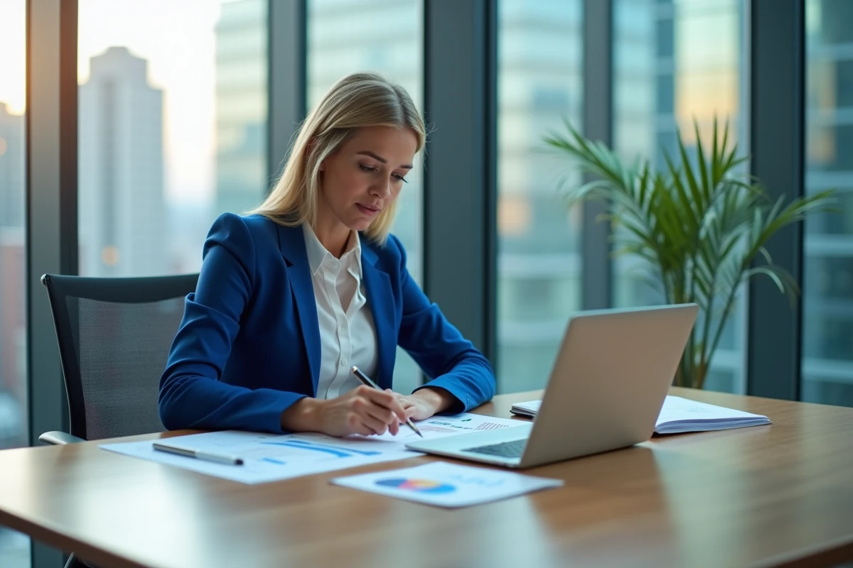Femme d'affaires concentrée devant son ordinateur en bureau moderne
