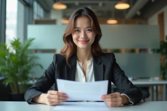 Femme d affaires souriante tenant un contrat dans un bureau moderne