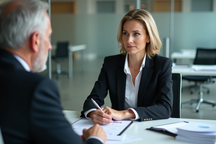 femme-affaires-discussion-papier Femme d'affaires en réunion avec un collègue au bureau