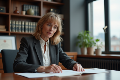 Femme d affaires en costume examine des documents