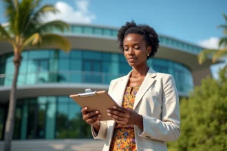 Femme d'affaires devant un immeuble moderne à Mayotte, consultant des documents professionnels pour une implantation réussie