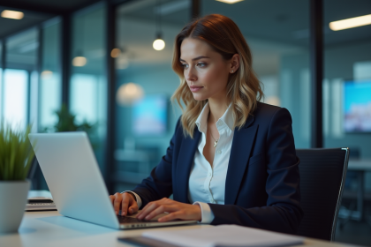 Femme d affaires en réunion regardant son ordinateur portable