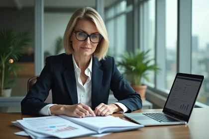 Femme d'affaires en réunion avec documents et ordinateur