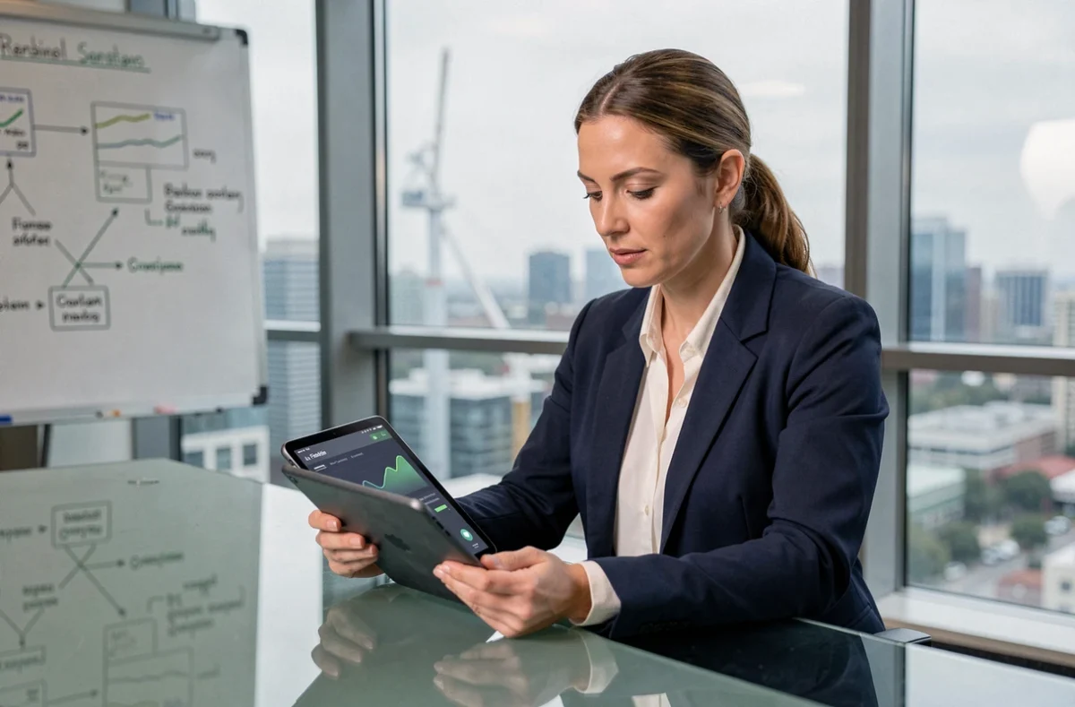 Femme d'affaires consultant un tableau de bord IA de consommation énergétique sur tablette dans un bureau moderne avec vue sur la ville