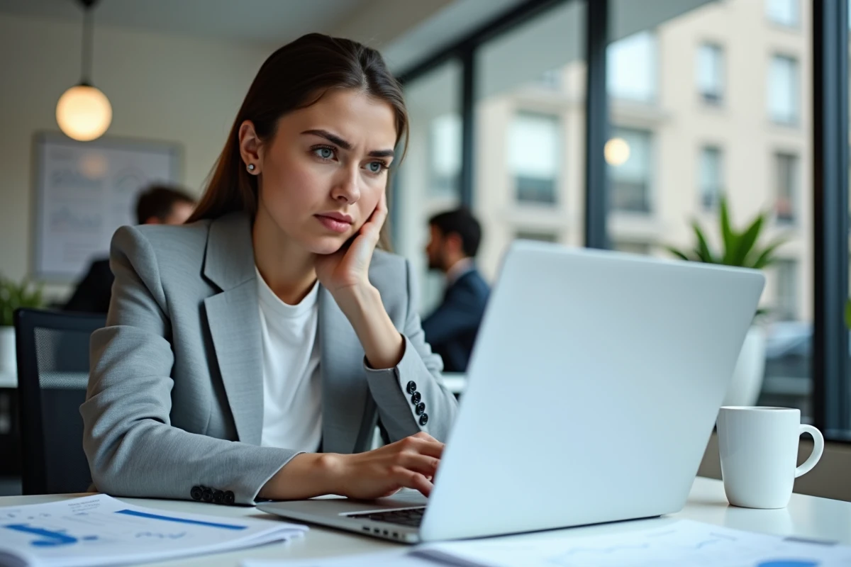 Femme analyste marketing scrutant un tableau de bord Google Ads avec de faibles taux de conversion sur son ordinateur portable au bureau