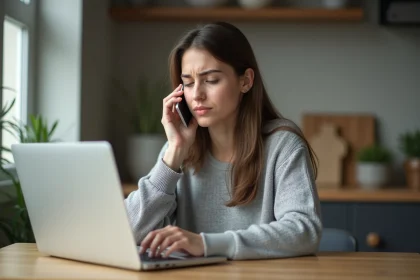 Femme appelant le service client Back Market depuis son domicile avec un smartphone et un ordinateur portable ouvert
