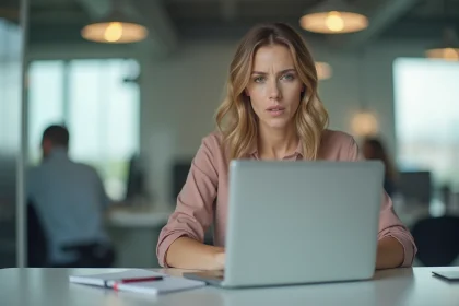 Femme au bureau regardant son ordinateur avec souci