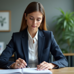 Porter plainte : Est-ce que la personne est au courant ? Décryptage Femme en costume de bureau examine un document dans un bureau moderne
