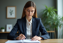 Porter plainte : Est-ce que la personne est au courant ? Décryptage Femme en costume de bureau examine un document dans un bureau moderne