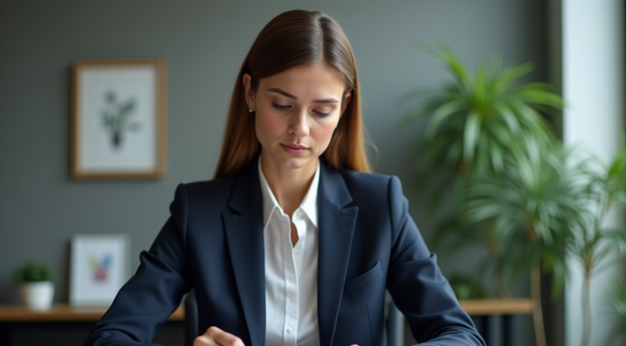 Femme en costume de bureau examine un document dans un bureau moderne