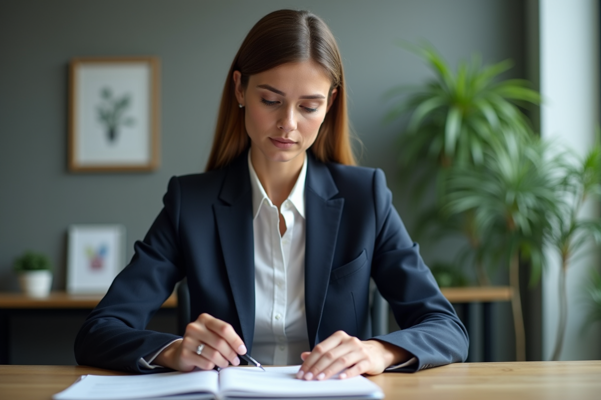 Femme en costume de bureau examine un document dans un bureau moderne