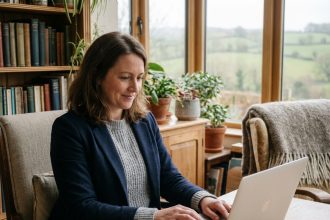 Femme souriante travaillant sur son ordinateur dans un bureau cosy