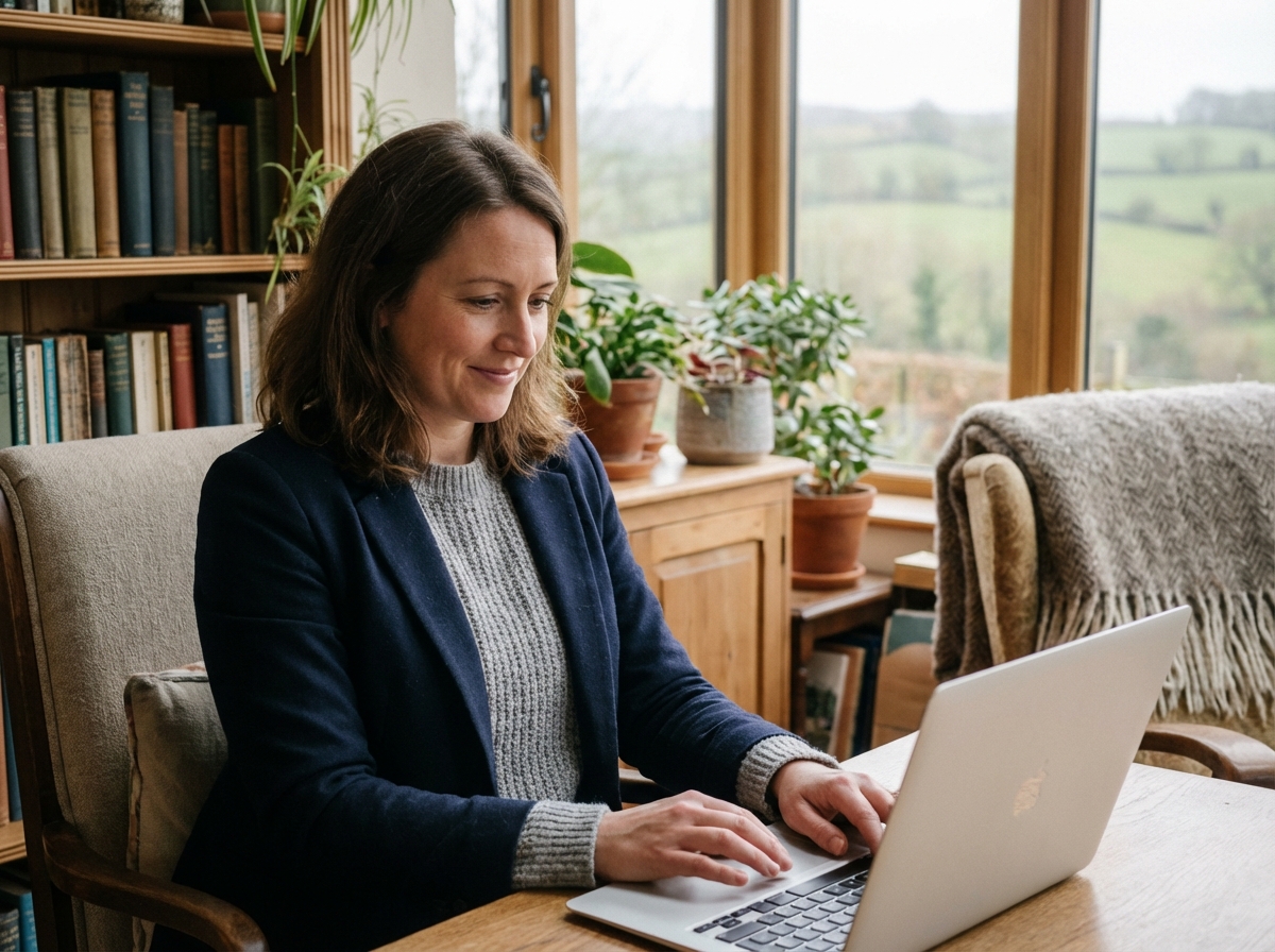 Femme souriante travaillant sur son ordinateur dans un bureau cosy