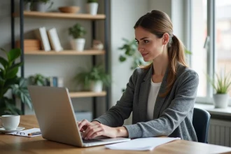 Femme au bureau à domicile travaillant sur son ordinateur