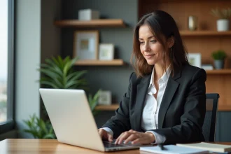 Femme en bureau moderne travaillant sur un ordinateur portable