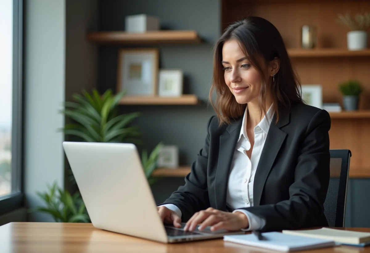 Femme en bureau moderne travaillant sur un ordinateur portable