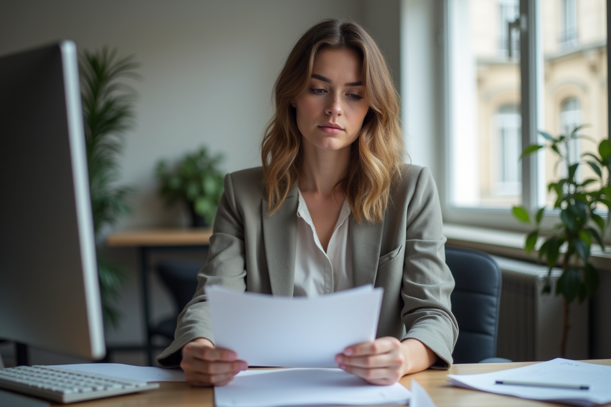 Femme d affaires au bureau à Paris en tenue professionnelle