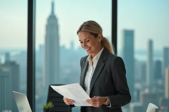 Femme cadre dirigeante en costume analysant des documents financiers dans un bureau moderne avec vue sur la ville, illustrant les métiers les mieux rémunérés