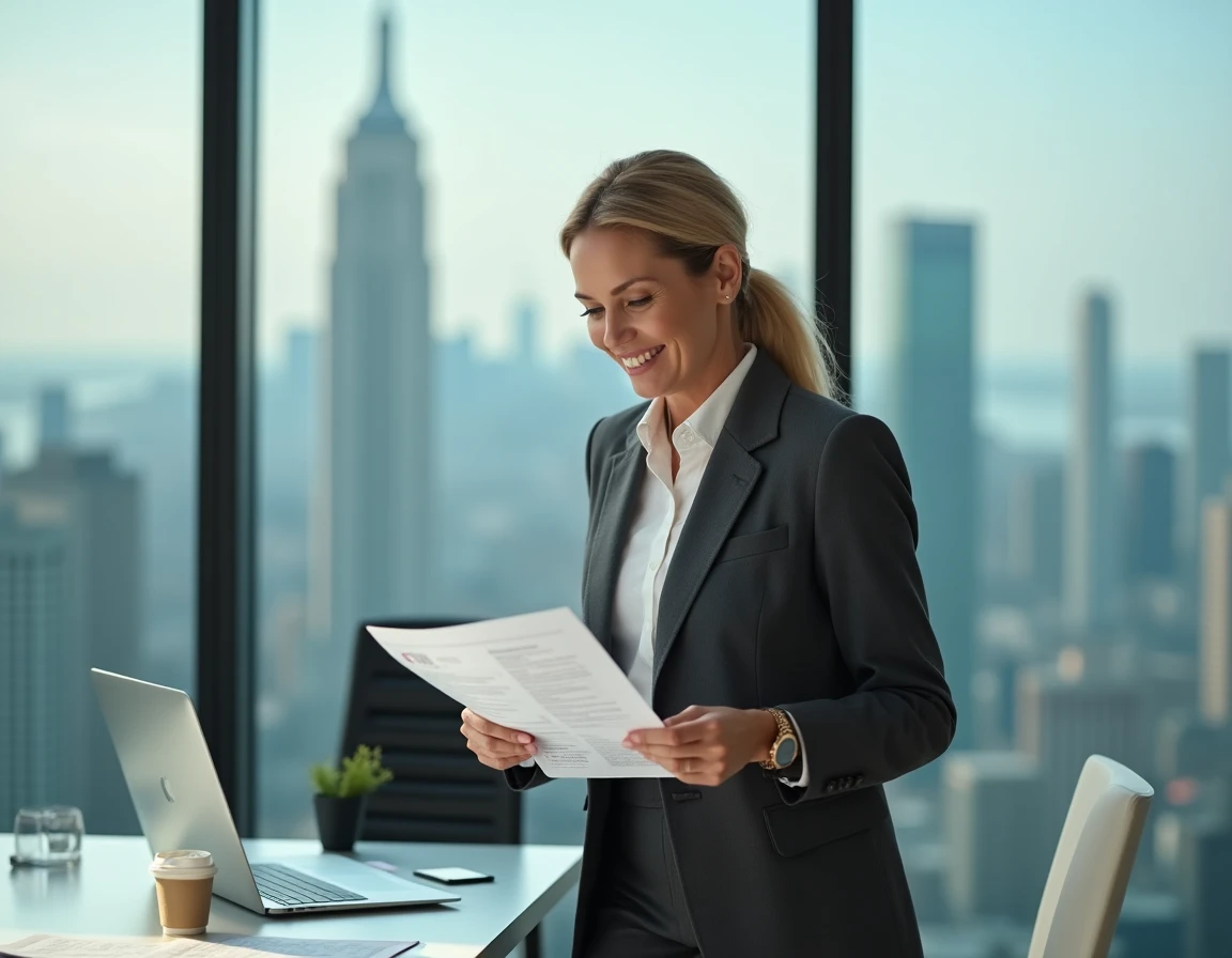 Femme cadre dirigeante en costume analysant des documents financiers dans un bureau moderne avec vue sur la ville, illustrant les métiers les mieux rémunérés