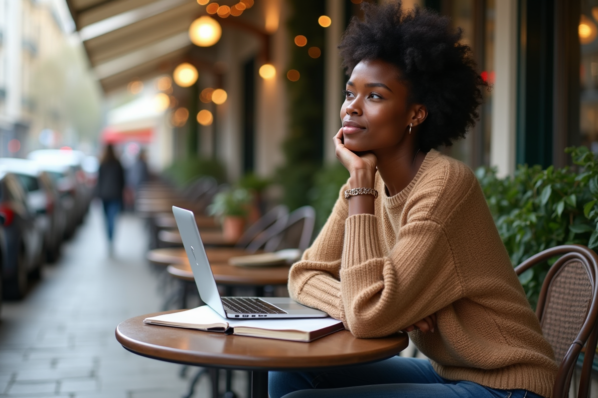 Jeune femme noire travaillant seul au café avec un ordinateur portable