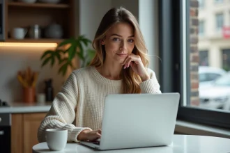 Jeune femme au travail à la maison avec ordinateur