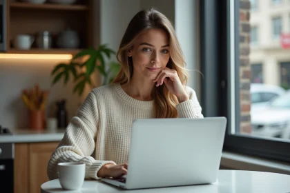 Jeune femme au travail à la maison avec ordinateur
