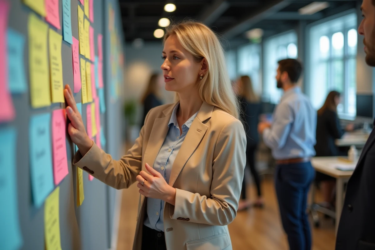 Femme CEO en blazer beige discutant avec collègues dans un espace de travail