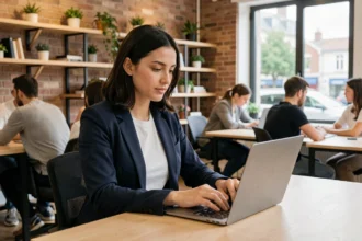 Femme professionnelle travaillant dans un espace de coworking moderne à Melun avec laptop et ambiance urbaine