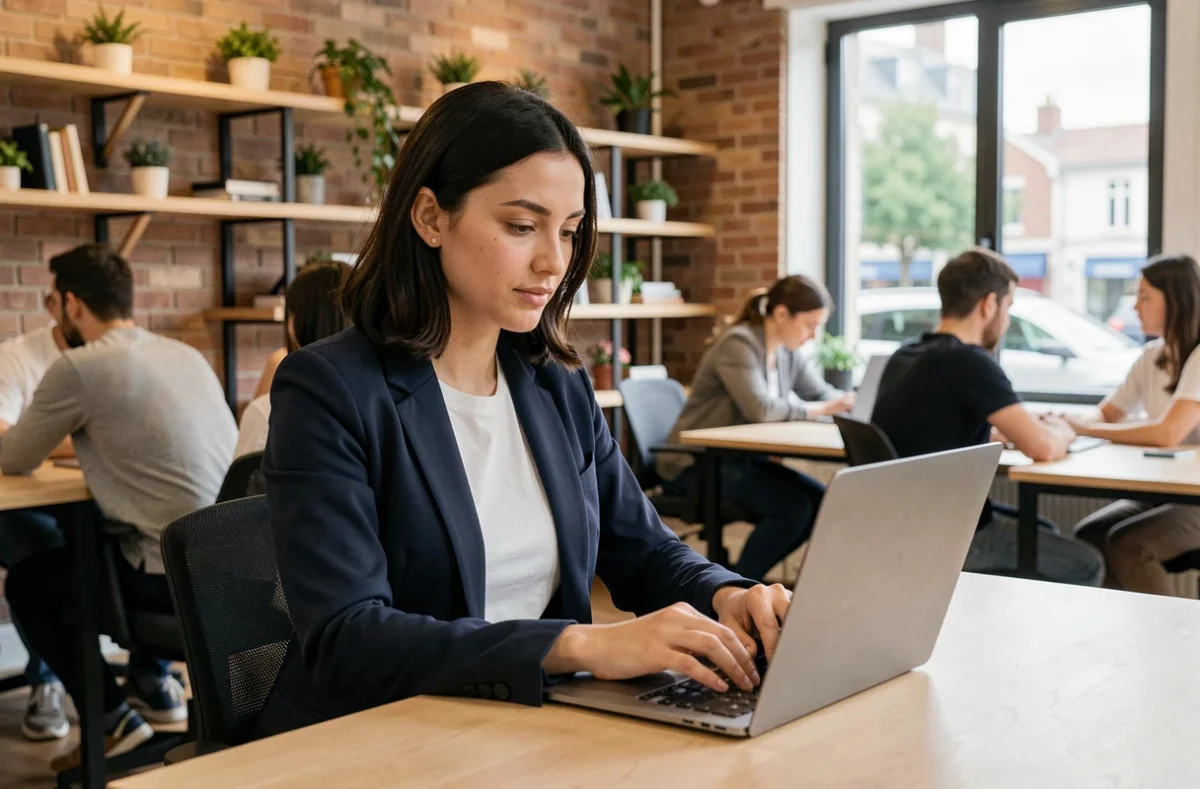 Femme professionnelle travaillant dans un espace de coworking moderne à Melun avec laptop et ambiance urbaine