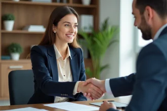 Femme en blazer navy remettant une lettre de demission à son manager