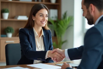 Femme en blazer navy remettant une lettre de demission à son manager