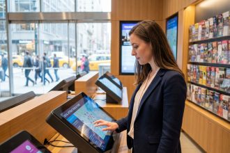 Jeune femme utilisant un kiosque digital dans un office de tourisme